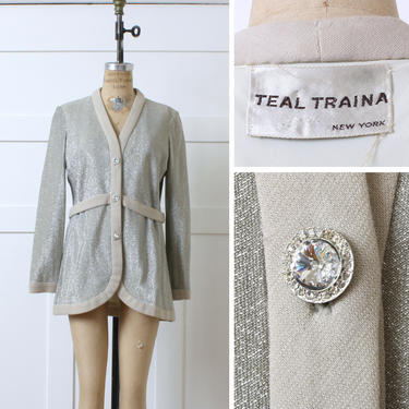 vintage gold sparkle cardigan • 1970s designer Teal Traina rhinestone sweater • stylized long sleeve jacket 