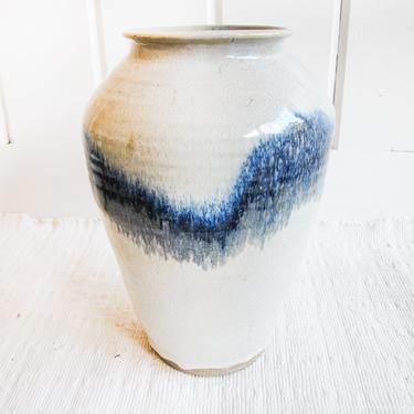 Giant Vintage shelf or floor Hand-Made Ceramic Pottery Vase with White and Bright Indigo drip Glaze 