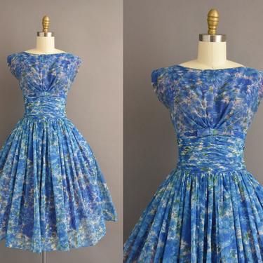 vintage 1950s dress | Gorgeous Blue Floral Print Sweeping Full Skirt Chiffon Dress | Small | 50s vintage dress 