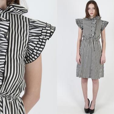 Black And White Striped Dress / Vintage 80s Vertical Lined Print / Avant Garde Ruffle Chest / Minimalist Cap Sleeve Secretary Mini Dress 