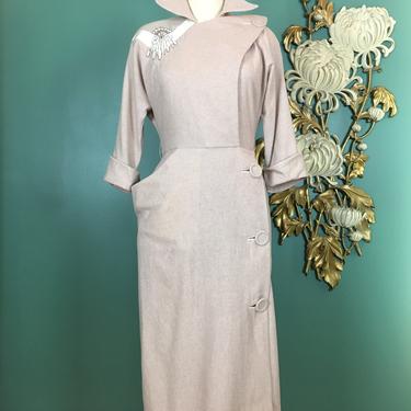 1940s dress, blush wool, vintage 40 dress, structural, junior accent, fresh cuffs, film noir, side buttons, hollywood glamour, bombshell, 27 