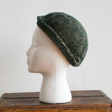 Vintage 1940s Hat / 1940s WWII Era Beaded Hat / Vintage Cloche Hat / 1940s Green Hat / Vintage Avant Garde Beaded Hat 