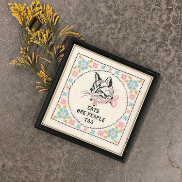 Vintage Cross Stitch 1980s Retro Size 12x12 Homemade Cat Cross Stitch Fiber Art + Cats Are People Too + Glass Front + Framed + Wall Art 
