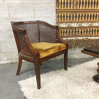 LOCAL PICKUP ONLY Vintage Wood and Cane Barrel Chair Retro 1970's Dark Brown Rounded Frame with Gold Velvet Seat Lounge Chair 