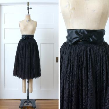 unique vintage 1950s lace skirt • pinup black satin pencil skirt with sheer chantilly lace full cut overskirt 
