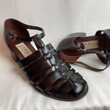Vintage 90's Italian leather sandal shoes~ darkest brown-black boho trend~ stylish stacked heel~ woven ~ankle strap ~buckle~ size 8.5 