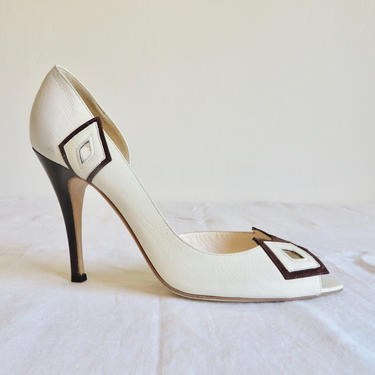 Vintage Size 8.5 38.5 White and Brown Leather High Heel Stiletto Pumps Open Toe Shoes Pin Up 1950's Style Rockabilly Carmen Ho Made in Italy 