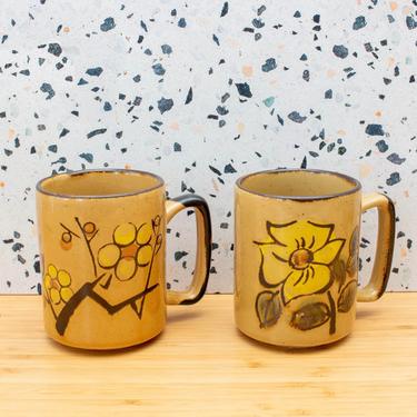 Vintage 1970s Stoneware Matching Coffee Mugs - Beige Floral Stoneware Mugs - Set/2 
