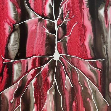 Pyramidal Neuron in Red and Black - original ink painting on yupo of brain cells - neuroscience art 