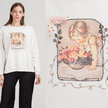 90s Painted Cherub Sweatshirt - Large | Vintage Puff Paint Iron-On Graphic Pullover 