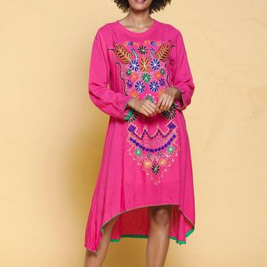 boho cotton festival dress hi-lo bright pink ethnic embroidery floral long sleeves vintage 70s MEDIUM M 