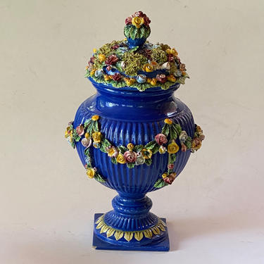 Vintage Italian Capodimonte Blue Pottery Floral Urn 
