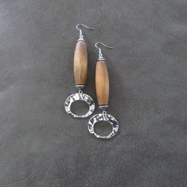 Natural wood earrings, hammered silver earrings, bohemian earrings, boho chic earrings, bold statement, unique earrings, extra long earrings 