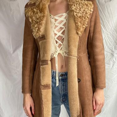 Vintage Shearling and Suede Coat / 1970's Fitted Jacket / Penny Lane Haute Hippie Bohemian Jacket / Super Warm Winter Coat / Mongolian Lamb 