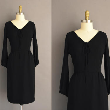 1950s vintage dress | Classic Jet Black Long Sleeve Cocktail Party Wiggle Dress | Medium | 50s dress 