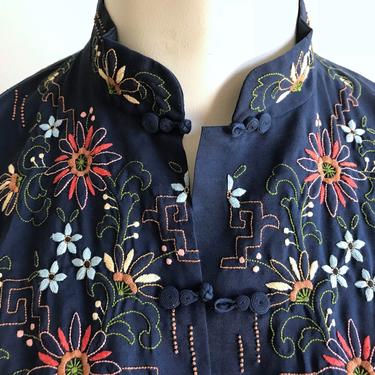 Embroidered Blouse - Navy Blue Chinese Embroidered Short Sleeve Shirt - Embroidered Flowers 