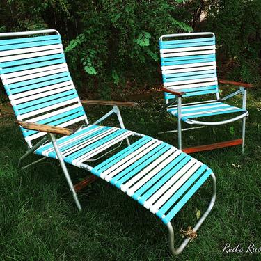 Pair of Vintage Telescope Folding Furniture Tube White and Blue Vinyl Strap Folding Garden/Lawn Lounge Chairs 