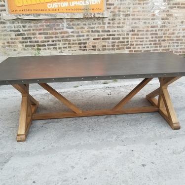 Salvaged Wood X-Base w/Riveted 96"inch Stainless Steel Top Rectangular Restoration Hardware Styled Dining Table
