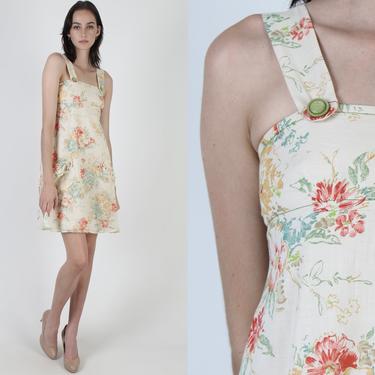 Vintage 70s Wildflower Prairie Dress / Floral Garden Apron Pockets Mini Dress 