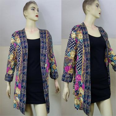 Vintage 90s colorful jacket or casual lightweight open front blazer with 3/4 sleeve, 80s patchwork floral paisley cardigan or top 
