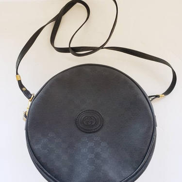 Vintage Gucci Black Round Canteen Shoulder Bag / Designer Black Crossbody Bag Signature  Micro Guccissima Logo / Gwen 