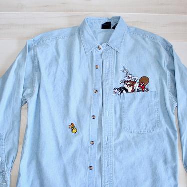 Vintage 90s Looney Tunes Shirt, 1990s Denim Jean Shirt, Warner Bros, Chambray, Button Up, Collared 