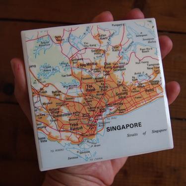 1993 Singapore Vintage Map Coaster - Ceramic Tile - Repurposed 1990s Oxford Atlas - Handmade - Southeast Asia - City Map 