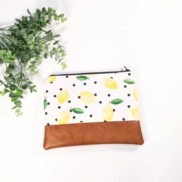 Lemon Print Makeup Bag: Polka Dot/ Travel Pouch/ Vegan Leather 
