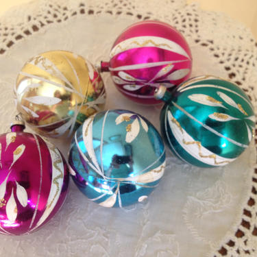 Vintage Set of (5) Glass Ornaments Christmas Ornaments - Mercury Glass -Glitter Purple and Teal Gold 