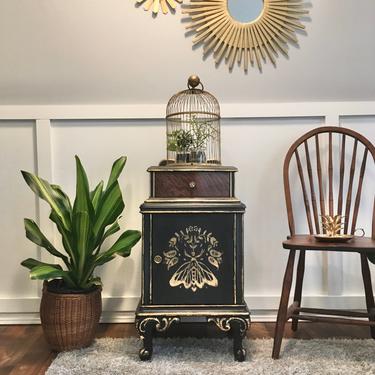 Antique Wooden Safe Charcoal and Gold Gilded Hand Painted Nightstand Moth Stenciled Unique Botanical Design 