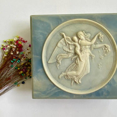 Vintage Angel And Cherub Incolay Stone Jewelry Box, Angel And Putto, Light Blue Sandstone Like Box. Religious Trinket Box, Made in USA 