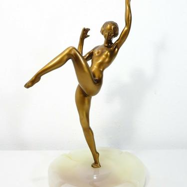 VTG Art Deco NUDE WOMAN MOON DANCER Sculpture ONYX ASHTRAY Spelter Lady Frankart