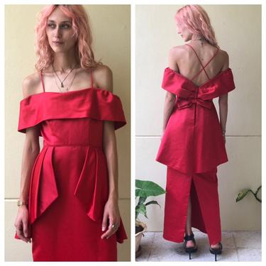 1970s Party Dress / Date Night Off the Shoulder Magenta Pink Satin Evening Gown / Avant Garde / Cross Open Back Strappy Dress 