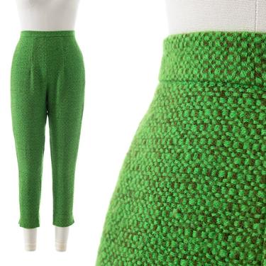 Vintage 1960s Cigarette Pants | 60s Lime Green Wool High Waisted Skinny Slim Fit Trousers (x-small) 