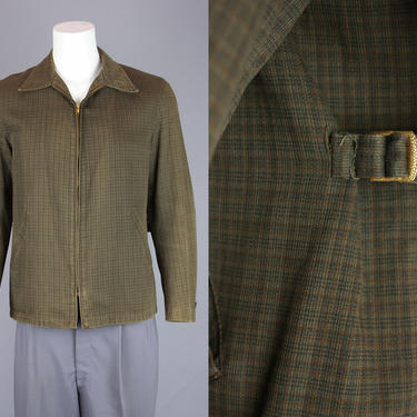 1950s Side Buckle Jacket | Vintage 50s Men's &amp;quot;Town &amp; Country&amp;quot; Micro Plaid Coat with E-Z Zip-Tab | 44L Large 