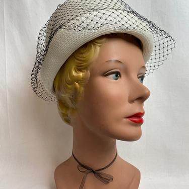 60's Mod white brimmed hat with black netting~ black veil~ 1960s women’s fedora style 