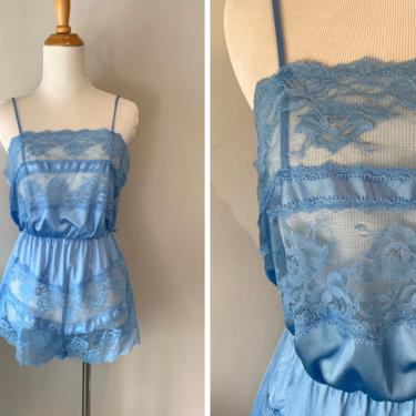 Vintage 1980s Periwinkle Blue Lace Teddy Step-In Nightie Romper | Size Small 