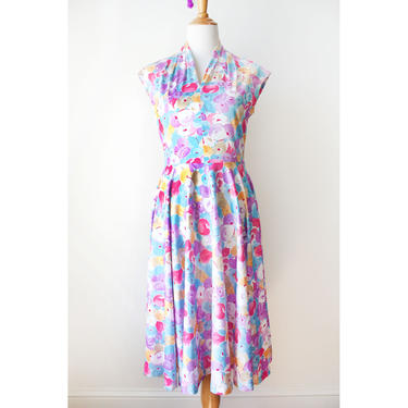 Vintage 70s Blue and Purple Floral Print Full Skirt Split Neck Dress Small 