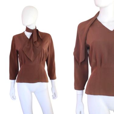 1940s Brown Blouse - 40s Rayon Blouse - Vintage Rayon Blouse - 1940s Blouse - 40s Womens Blouse - 1940s Pussy Bow Blouse | Size Small 