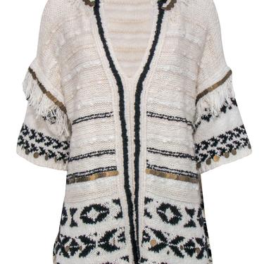 Anthropologie - Ivory & Black Tunic Sweater w/ Fringe & Embellished Trim Sz XS/S