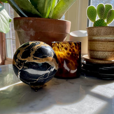 Vintage Stone Orb, Sphere, Black and Tan, Onyx Obsidian Tourmaline- Modern Home Decor, Figurine, Modern Sculpture, Rustic Natural Home Decor 