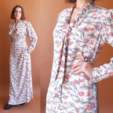 Vintage 70s Puff Sleeve Maxi Dress/ 1970s Kimono Crepe Rayon Bird Floral Dress/ Size Medium 