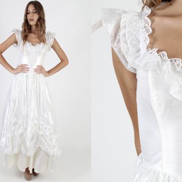 Vintage 80s Gunne Sax White Chiffon Dress Jessica McClintock Sweetheart Prom Dress Solid Romantic Bridal Gown Floral Lace Maxi Dress 