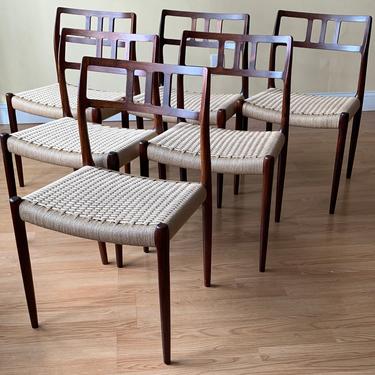 Set of six Møller Model 79 Side Chairs, Designed by Niels Otto Møller, by J.L. Møllers Møbelfabrik, rosewood and Danish paper cord 