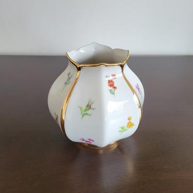 Signed Vintage Scherzer Vase, 6-Sided Tulip Shape with Hand Painted Flowers and Gold Finish, Made in Bavaria 