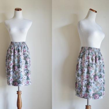Vintage 90s Skirt, Floral A Line Skirt, Powder Blue and Mauve Flowers, Elastic Waist Skirt, Small Medium 