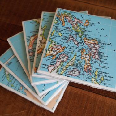 1979 Philippines Vintage Map Coasters - Ceramic Tile Set of 6 - Repurposed 1970s Hammond Atlas - Handmade - Manila - Filipino - Asia 