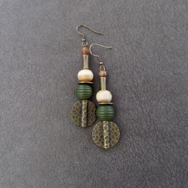 Animal print earrings, Afrocentric African earrings, antique bronze earrings, army green earrings, bold unique earrings, boho chic earring 