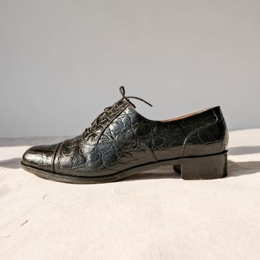 Vintage Salvatore Ferragamo Black Crocodile Embossed Cap Toe Loafers | Made in Italy | Size 7.5 | Italian Designer Lace Up Loafer Shoes 