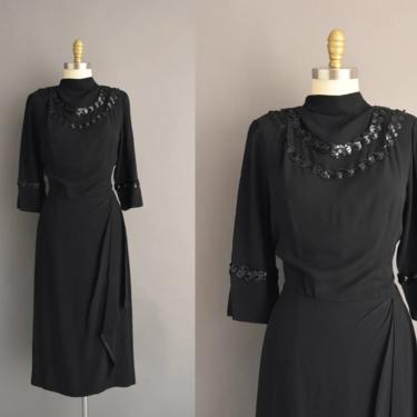 1940s vintage dress | Gorgeous Classic Black Rayon Sequin Cocktail Party Dress | Large | 40s dress 